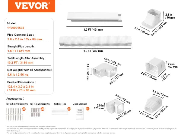 VEVOR Mini Split Line Set Cover PVC Decorative Pipe Line Cover For Air Conditioner Easy to Install Paintable for Heat Pump White