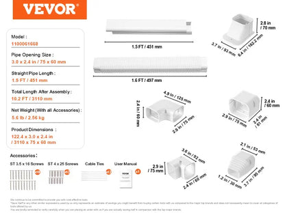 VEVOR Mini Split Line Set Cover PVC Decorative Pipe Line Cover For Air Conditioner Easy to Install Paintable for Heat Pump White