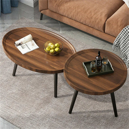 Set of 2 Mid-Century Coffee Table, Solid Wood, Drop Shape, Nesting Tables, Accent Ottoman Table, Living Room Office