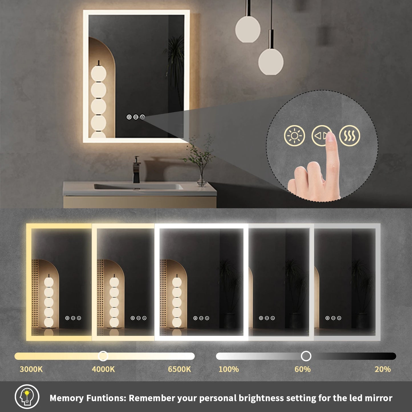 Vanity LED Illuminated Bathroom Mirror Wall Mount Cosmetic Lights Touch Antifog 400x500mm / 16x20 in