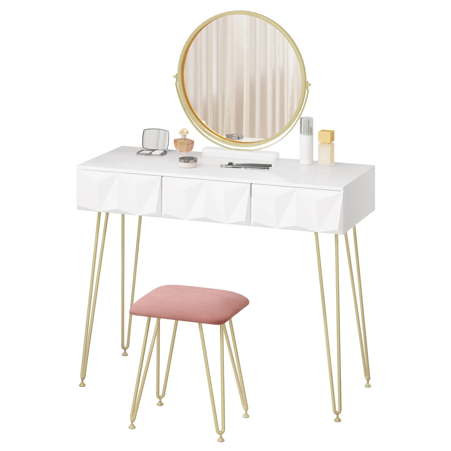 1SET White Gold Dressing Table  with 360° Swivel Mirror 3 Drawers 3D Effect Velvet Stool Cosmetic Makeup dressers for Bedroom