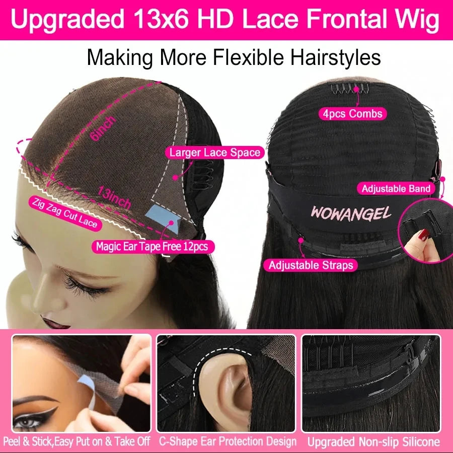 WowAngel 250% Pre Cut Lace 13x6 HD Lace Front Wigs 34in Glueless Straight Human Hair Wigs Pre Plucked Brazilian Hair For Women