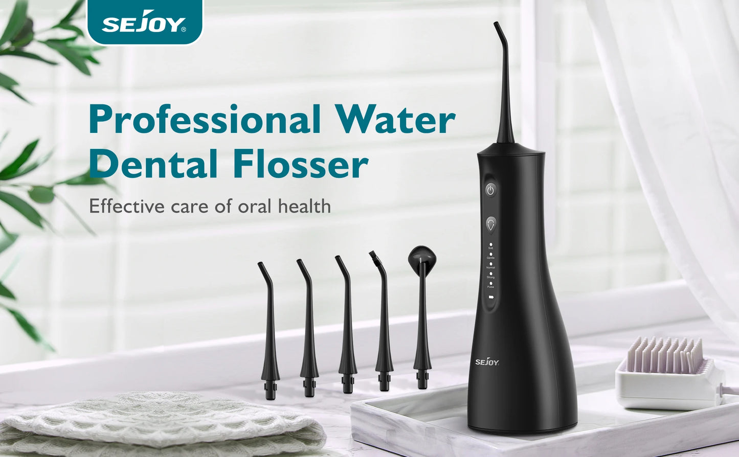 Sejoy Cordless Water Dental Flosser for Teeth Cleaning Denture Brushes 5 Tips IPX7 Portable Oral Irrigator for Home Travel