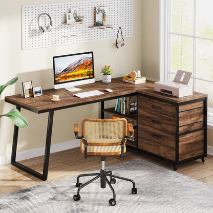 Tribesigns L-Shaped Computer Desk with 3 Drawers, Reversible Corner Home Office Desk with Shelves, 53-Inch Industrial PC Desk St