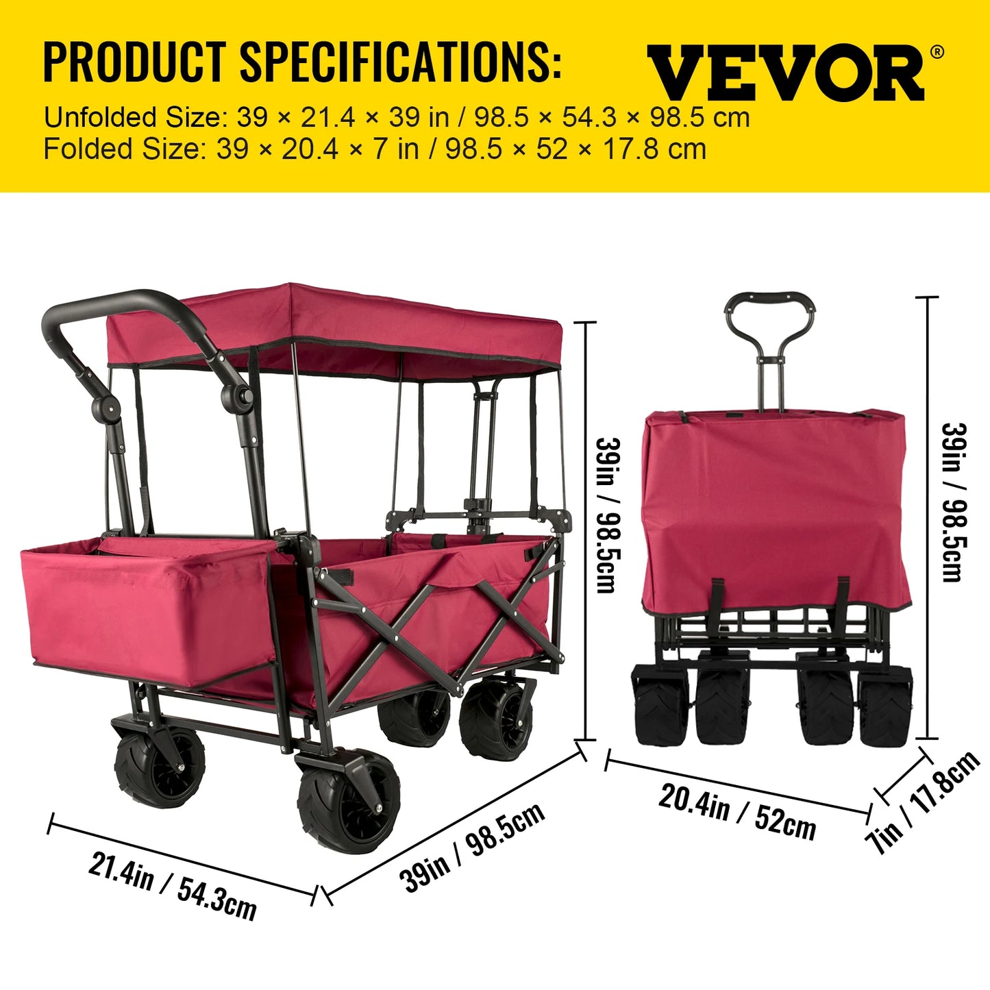 VEVOR Folding Wagon Cart W/ Adjustable Handle Bar Removable Canopy Oxford Cloth Collapsible Shopping Outdoor Camping Beach Cart