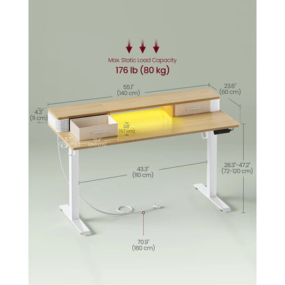 VASAGLE Electric Standing Desk with Built-In Power Strip, 60 x 140 x (72-120) cm, Adjustable Height, Monitor Stand