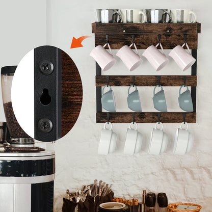 Wall Mounted Wooden Cups Hanging Organizer, Coffee Mug Cup Rack, Holder Shelf, 12 Hooks