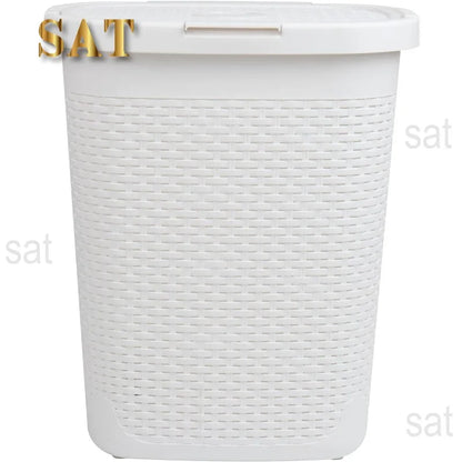 50L Slim Laundry Hamper, Clothes Basket, Lid, Wicker Design, Plastic, 17.65"L x 13.75"W x 21"H