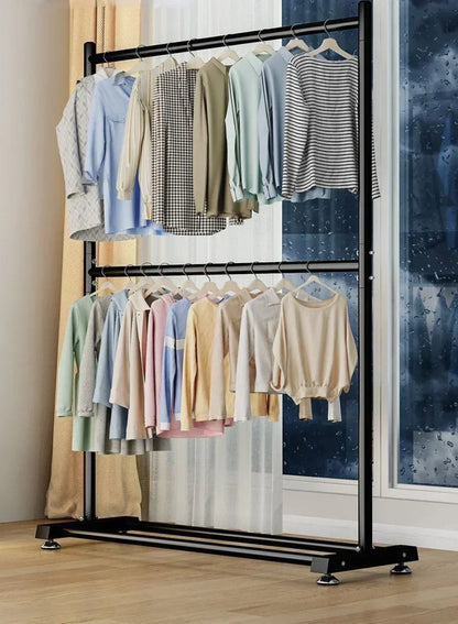 Simple Rolling Clothes Rack Double Layers Floor Standing Coat Hanger Stand Large Assembled Wardrobe Shoe Shelves Home Furniture