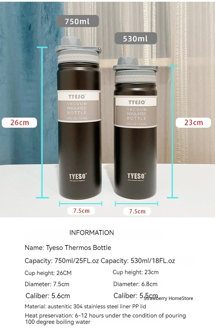 Tyeso 530/750ML Stainless Steel Thermos Bottle Portable Outdoor Sport Water Cup Keeps Cold and Heat High Capacity Thermos Bottle