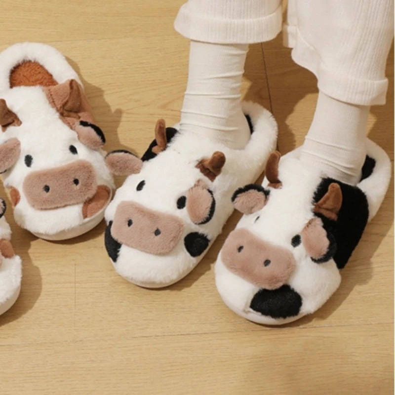 2024 Winter Warm Milk Cow Women Slippers Men Cute Soft Plush Sandals Adults Lovely Non-slip Flip Flops Couples Home Flat Slides