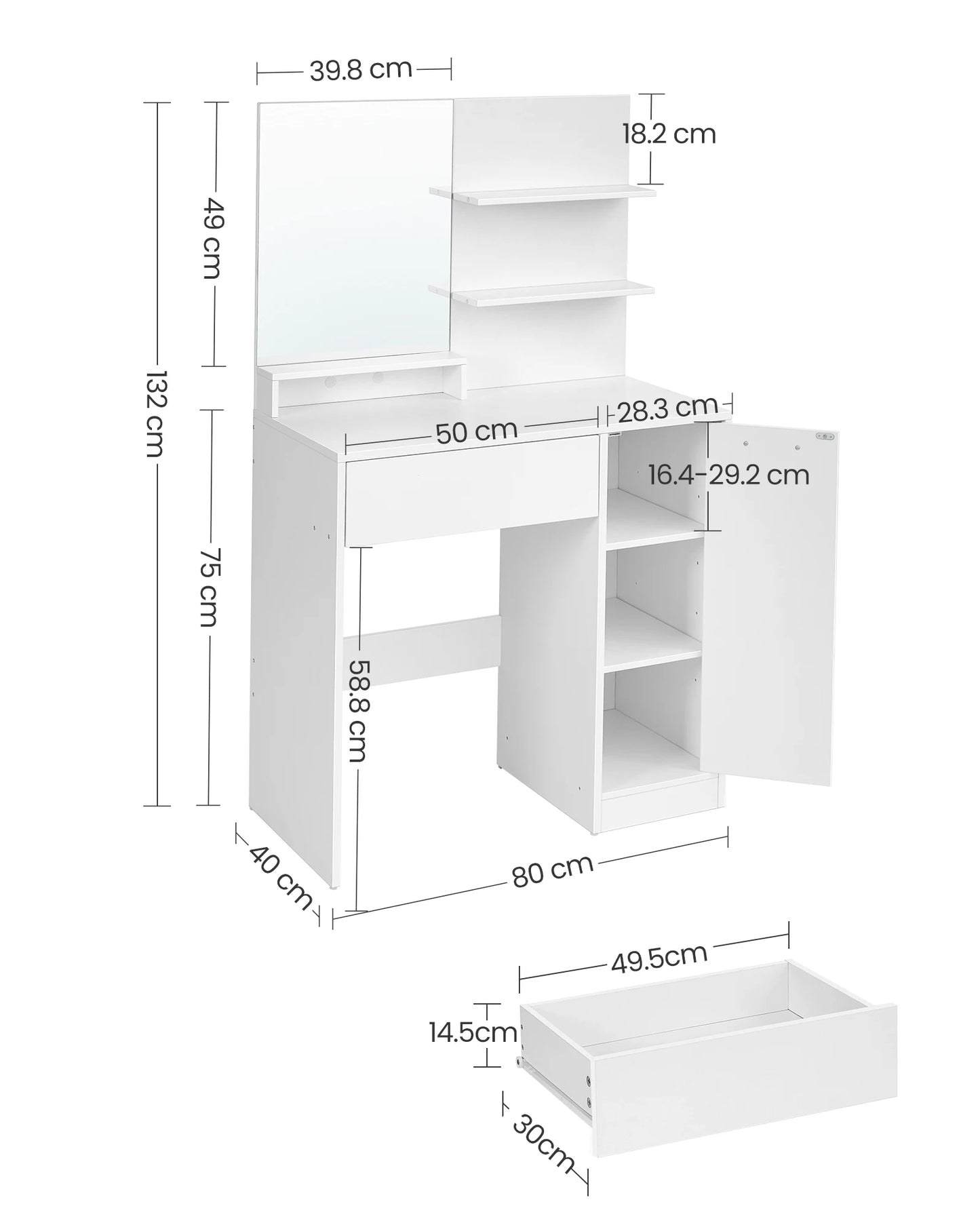 VASAGLE Dressing Table, Vanity Table with Mirror, 1 Drawer, 2 Shelves, Storage Cabinet, Makeup Organiser, White RDT119W01