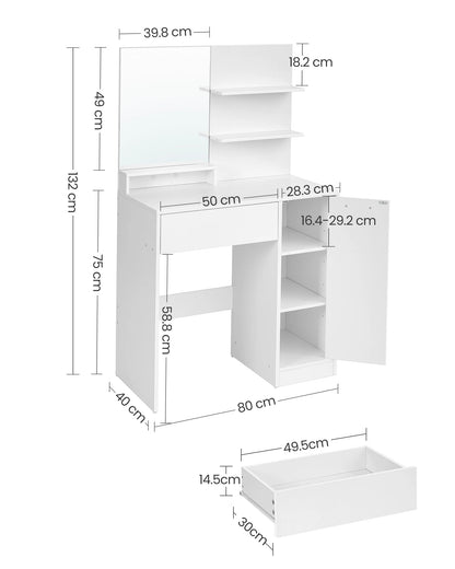 VASAGLE Dressing Table, Vanity Table with Mirror, 1 Drawer, 2 Shelves, Storage Cabinet, Makeup Organiser, White RDT119W01