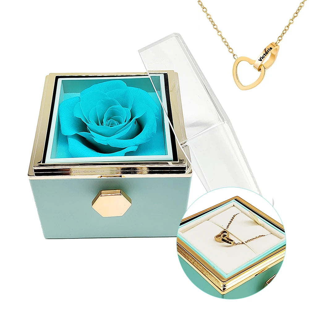 Rotating Jewelry Box with Necklace, Forever Flower Red Preserved Rose Box Mother's Day Birthday for Mom Wife Girlfriend