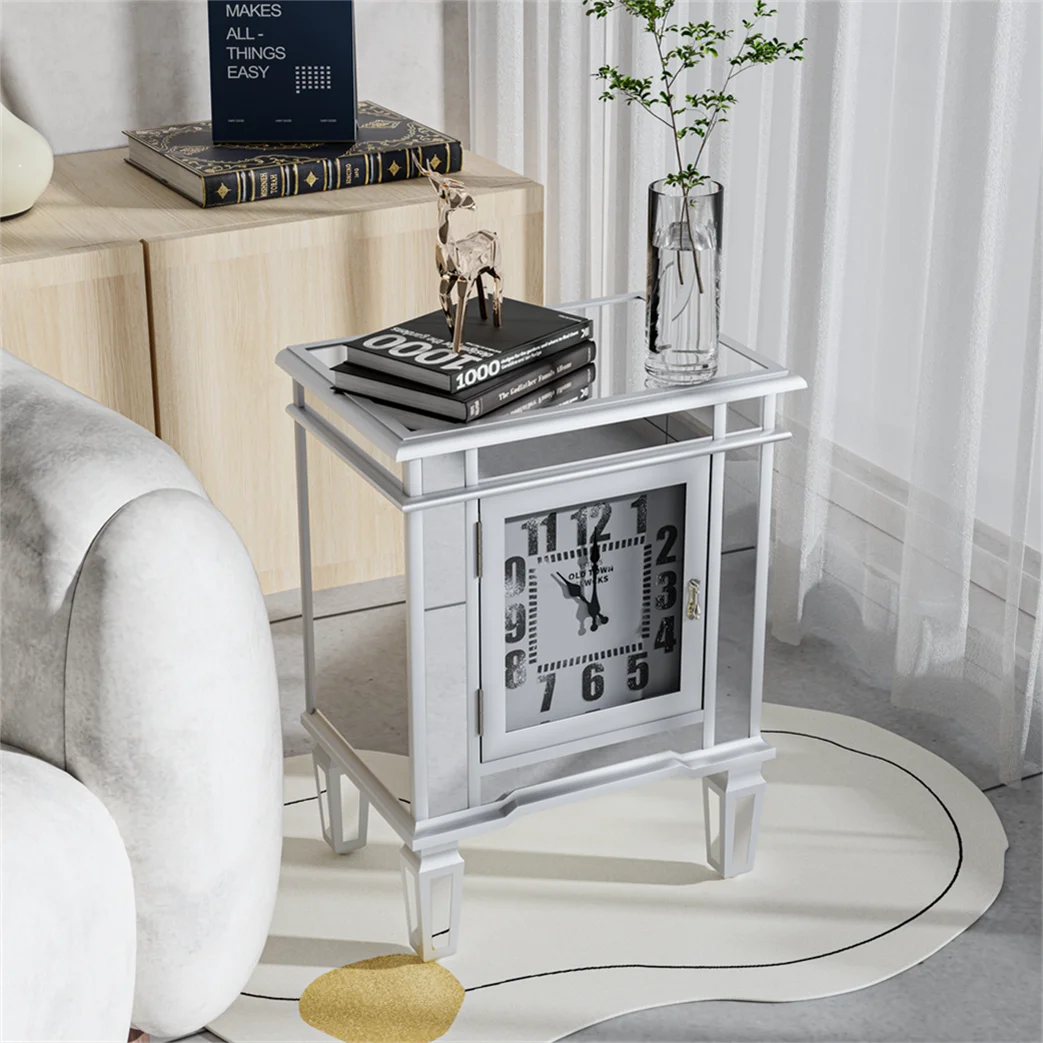 Silver Mirrored Glass Bedside Table Nighstand Side Table Cabinet with Quartz Clock and Storage Cabinet