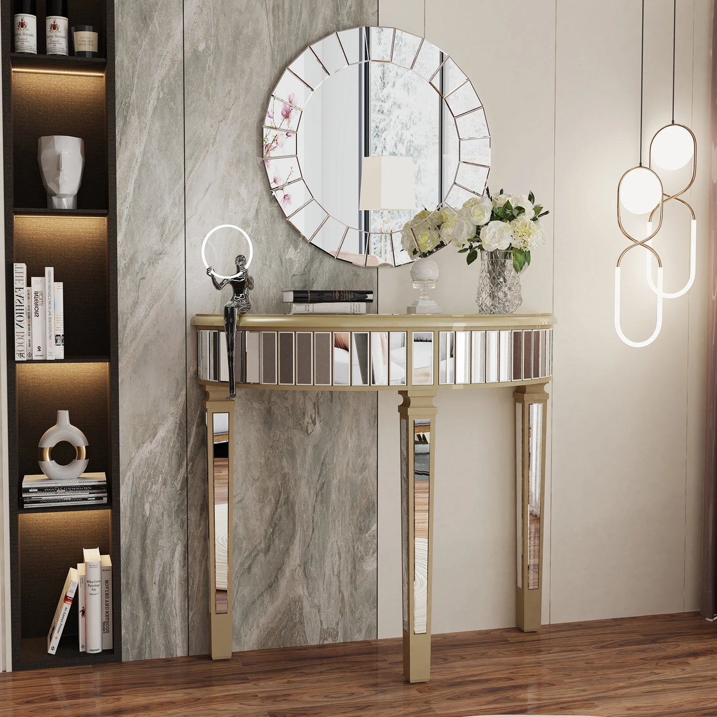 Ornate Mirrored Half Moon Console Table for Entryway Living Room, Silver Hallway Makeup Vanity Table, Demi Lune Furniture