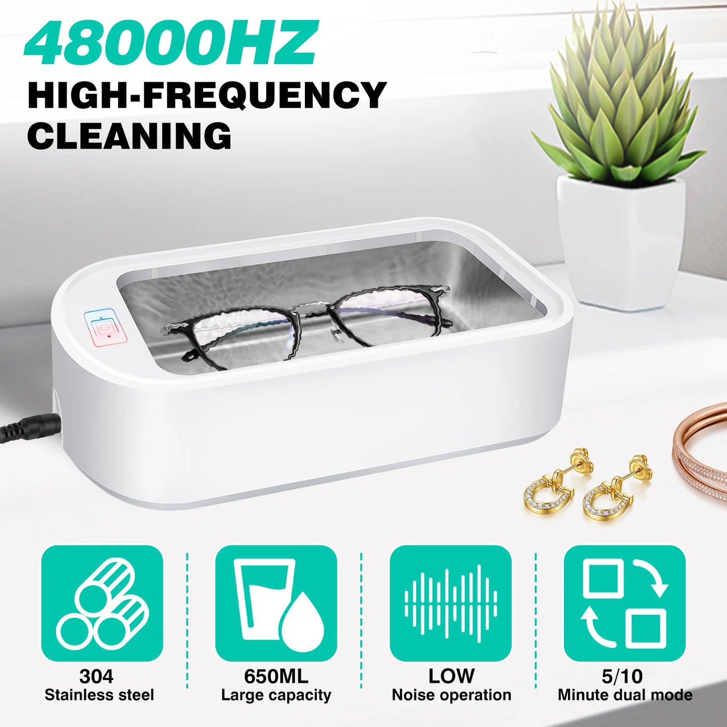 Ultrasonic Cleaner Machine 48000Hz, Portable Ultrasonic Jewellery Cleaner Glasses Cleaner with 2 Cleaning Modes, 650ml