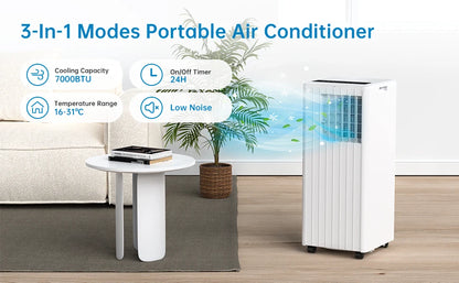 Portable Air Conditioner 7000 BTUs 3 In1 Air Conditioner, Dehumidifier 36L/Day, Cooler, Fan with 2 Speeds, Digital Display