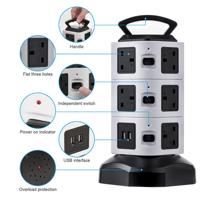 Vertical Power Strip 7/11/15 Ways Tower Socket Surge Protector UK Plug Multi Outlets with 2 USB 2m Extension Cable Home Office