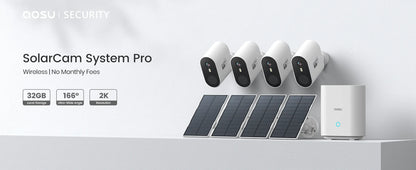 AOSU 2K 3MP Solar Battery Camera System 2 Cam Kit Wireless 360° PTZ Surveillance Wifi Camera Set Include Home Base Support Alex