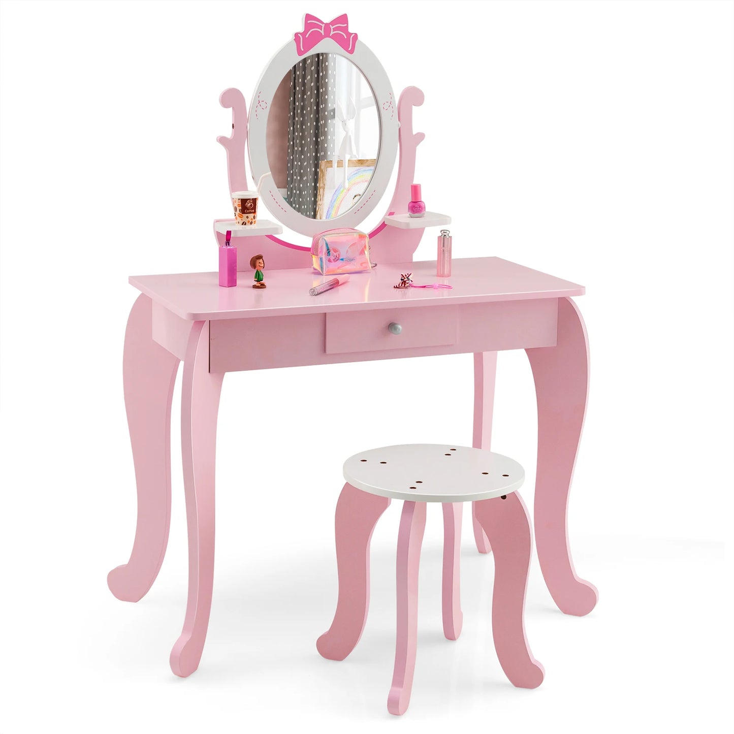 GOFLAME 2-in-1 Kids Vanity Table Set, Princess Pretend Play Makeup Table w/ Stool