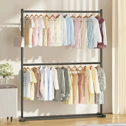 Simple Rolling Clothes Rack Double Layers Floor Standing Coat Hanger Stand Large Assembled Wardrobe Shoe Shelves Home Furniture