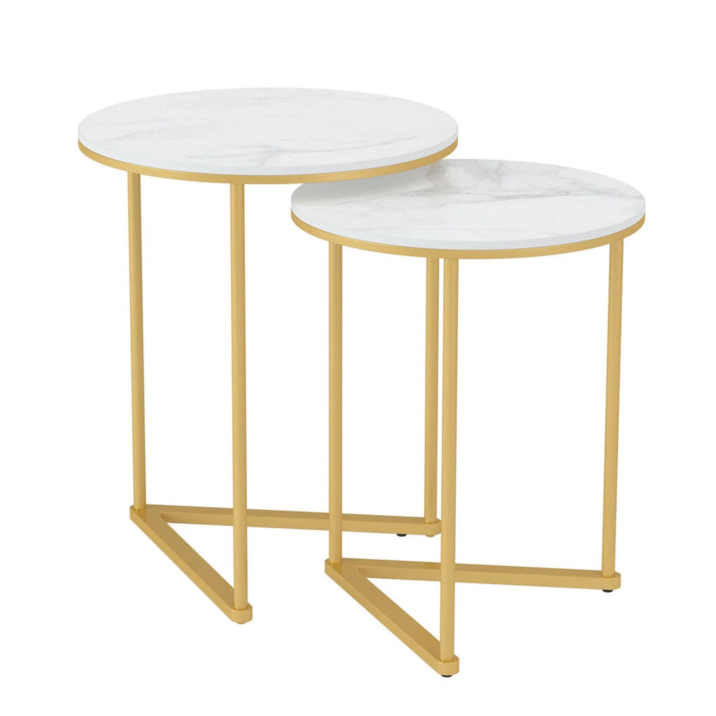 Round Nesting Sofa Side End Table with Gold Metal Frame, High Grade Marble Stone, Coffee Table, 2Pcs