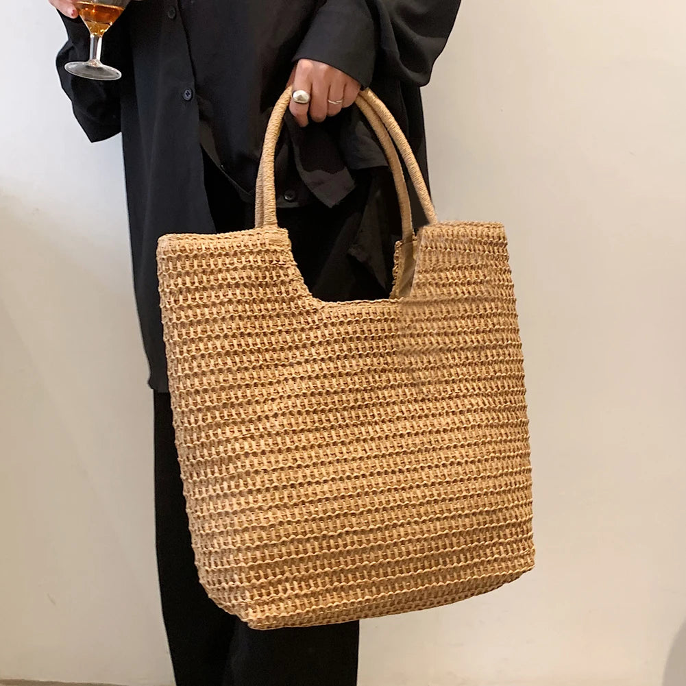 Women Straw Woven Shoulder Bag Solid Color Shoulder Summer Woven Pouch for Women Handmade Traveling Handbags Underarm Bags