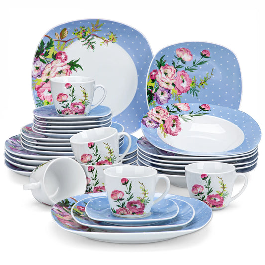 VEWEET Blue Flower 30/60 Piece Porcelain Ceramic Kitchen Tableware Set with Dinner,Dessert,Soup Plate,Cup and Saucer For 6/12