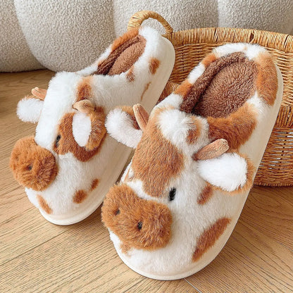 Pallene Cow milk Fuzzy Slippers Women Winter Cartoon Fur Slippers Soft Cozy Plush House Shoes Female Bedroom Cute Furry Slides