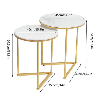 Round Nesting Sofa Side End Table with Gold Metal Frame, High Grade Marble Stone, Coffee Table, 2Pcs