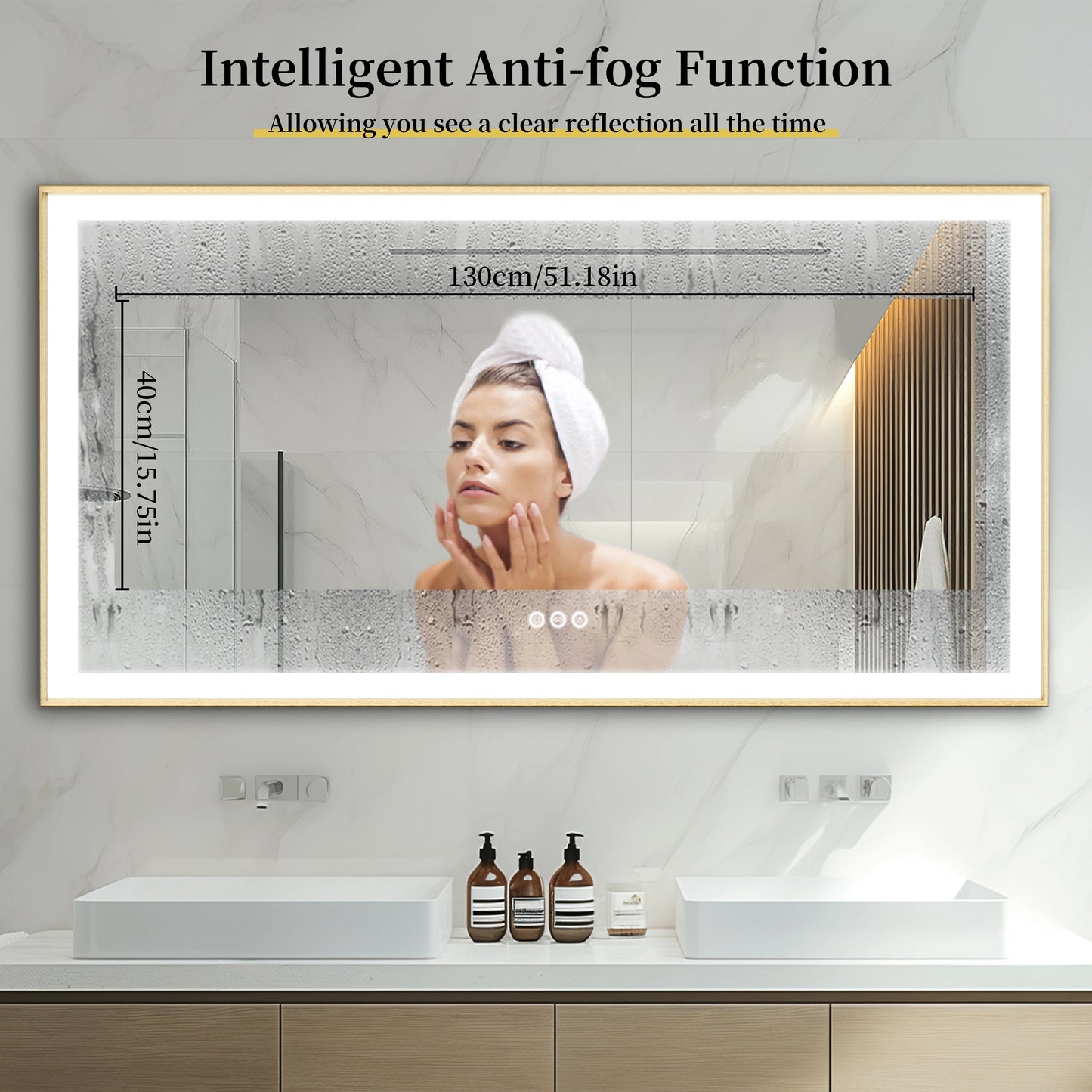 Overlength 140/151/160CM Rectangle LED Bathroom Mirror Gold Aluminum Frame Vanity MIirror Touch Defogging