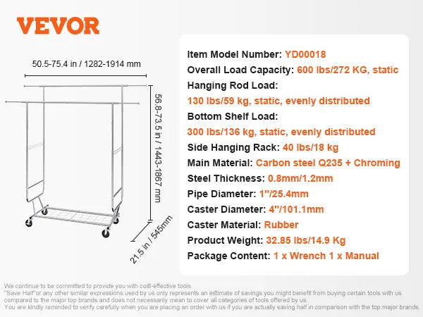 VEVOR Clothing Garment Rack Heavy Duty Clothes Rack Adjustable Length Clothes Rack w/ Bottom Shelf & Wheels for Laundry Room