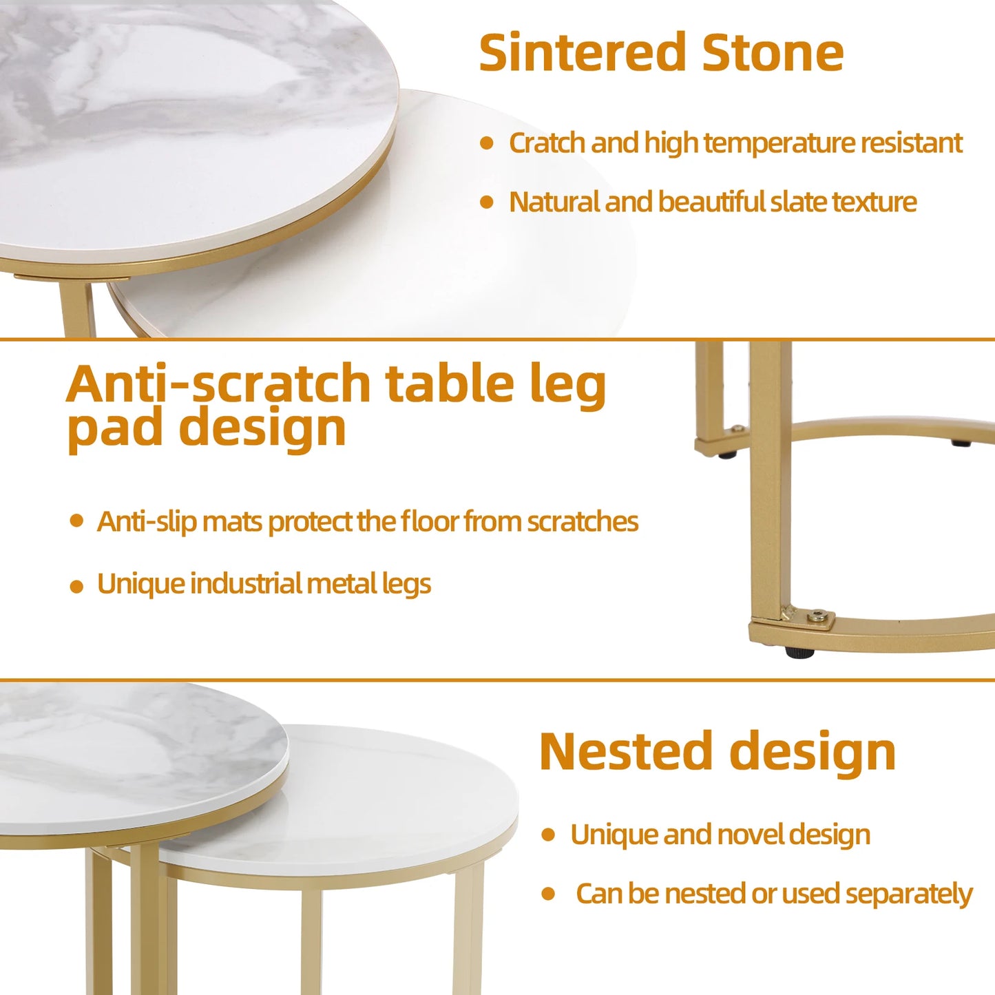 Round Side End Table 2PCS Nesting Coffee Table Real Marble Metal Frame Stackable White&Gold