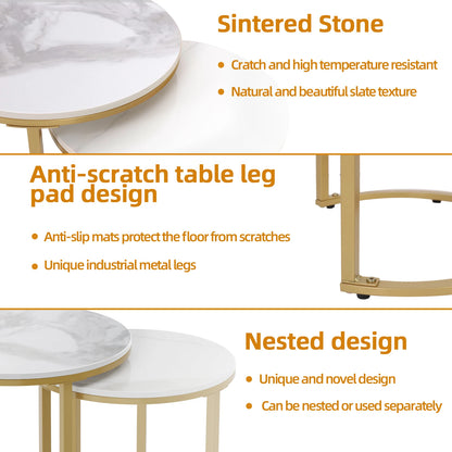 Round Side End Table 2PCS Nesting Coffee Table Real Marble Metal Frame Stackable White&Gold