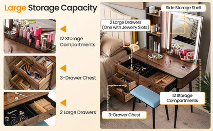 GOFLAME Vanity Set with Lighted Mirror, Makeup Table with 3-Color Dimmable LED Lights