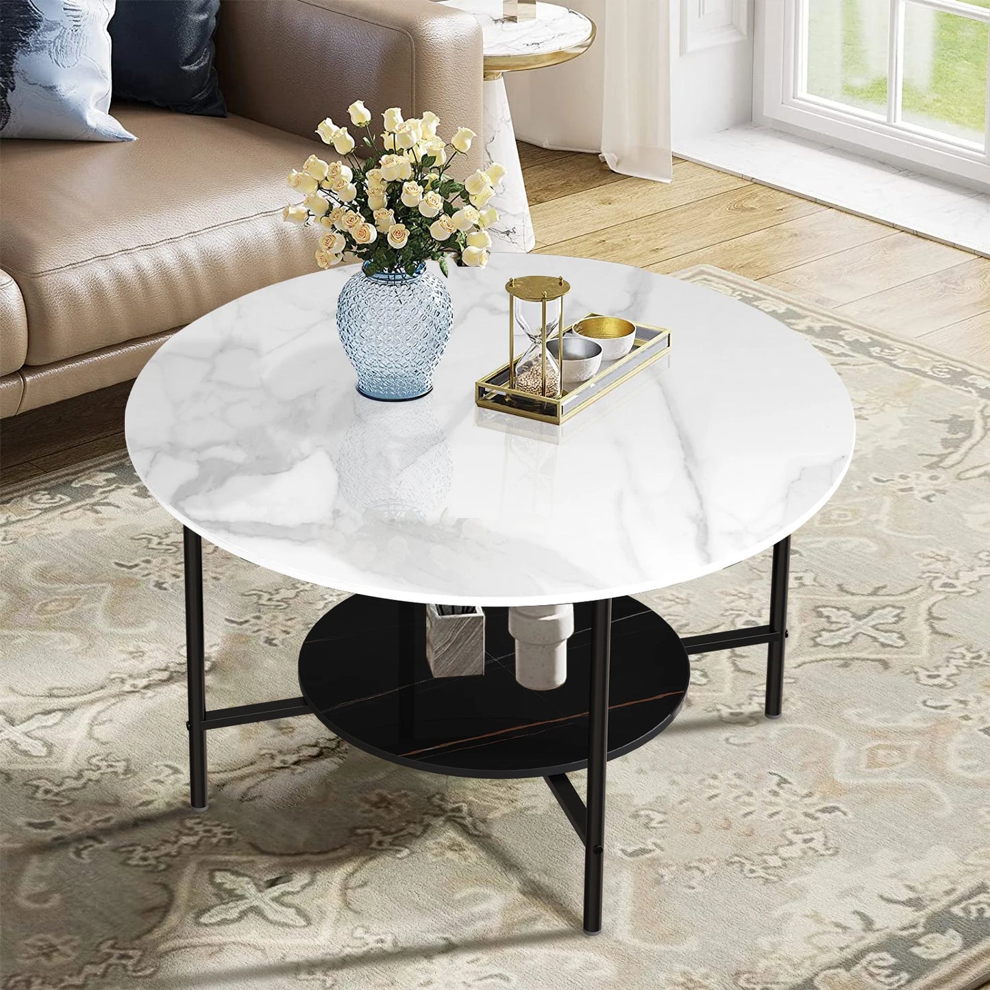 Round Marble Coffee Table, 2 Tier, Sofa Side End Table, Nightstand, Open Storage, Living Room Decor, Center Table, 32"