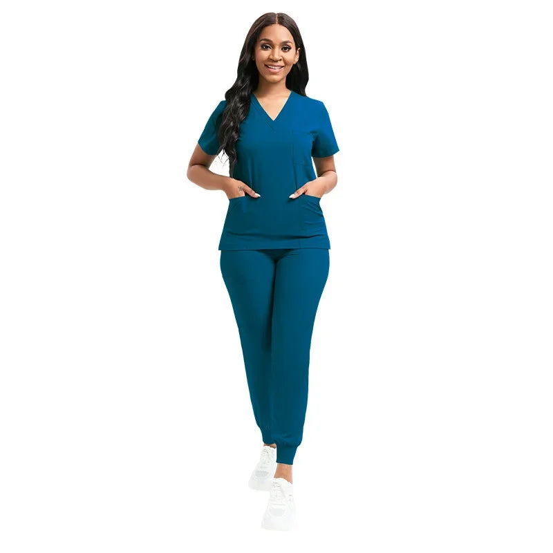 Women V-neck Short Sleeve Scrubs Surgical Nursing Uniforms Nurse Pocket Workwear Dentist Medical Uniforms Clinic Scrub Suit