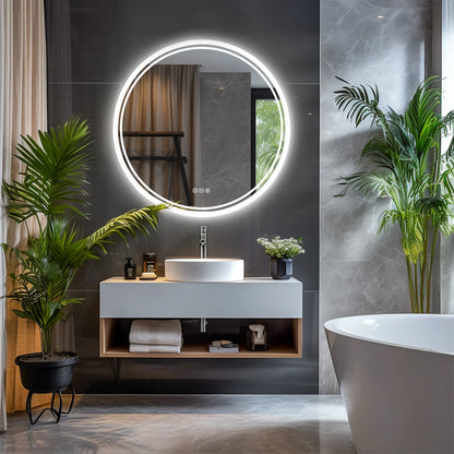 Bathroom Mirror with LED Lights Circle Backlit Illuminated Wall Mounted Lighted Mirror Anti-Fog 3 Colors Change IP65 Dimmable