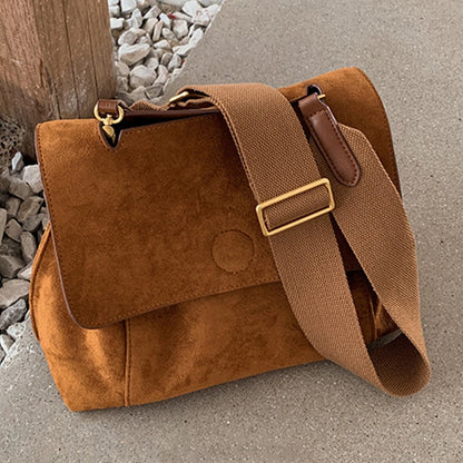 Women Retro Sling Bag Adjustable Strap Messenger Bag Large Capacity Solid Color Autumn Winter Bag