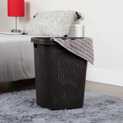 50L Slim Laundry Hamper, Clothes Basket, Lid, Wicker Design, Plastic, 17.65"L x 13.75"W x 21"H