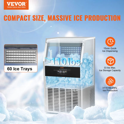 VEVOR Commercial Ice Maker 110lbs/24H 60 Ice Cubes in 12-15 Minutes  33lbs Storage Capacity LED Digital Display