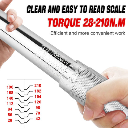 28-210Nm Ratchet Torque Wrench 1/2" Wheel Bolt Wheel Nut Wrench 460mm with Extension & Wheel Bolt Sockets 17mm/19mm/21mm & Case