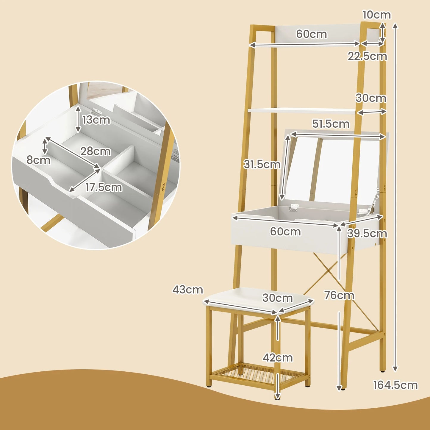 GOFLAME Vanity Table Set with Flip Top Mirror and Cushioned Stool, Ladder Makeup Vanity with 2 Shelves