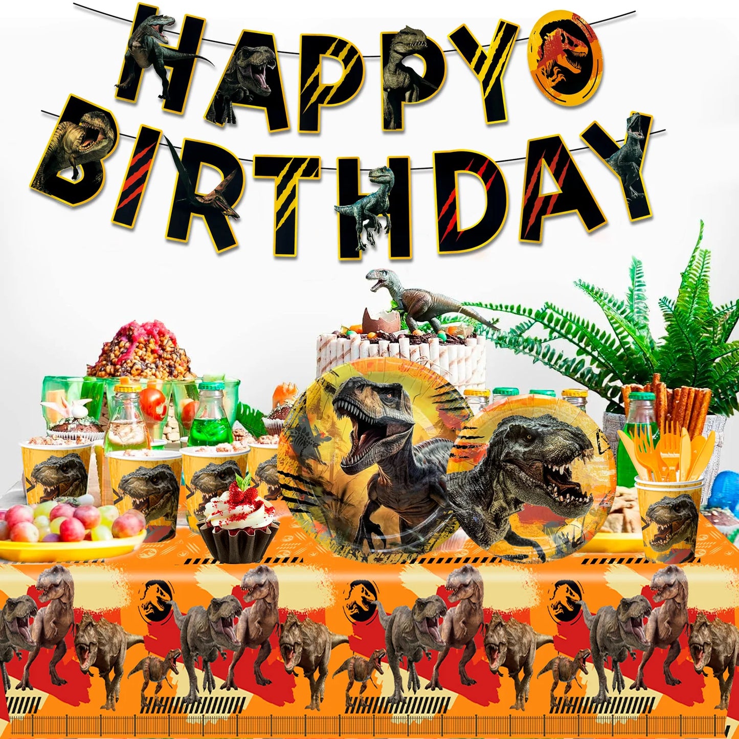 Jurassic World Birthday Decorations Tableware,127pcs Party Decorations Set-Dinosaur Theme Party Plate Cups Napkins Banner etc