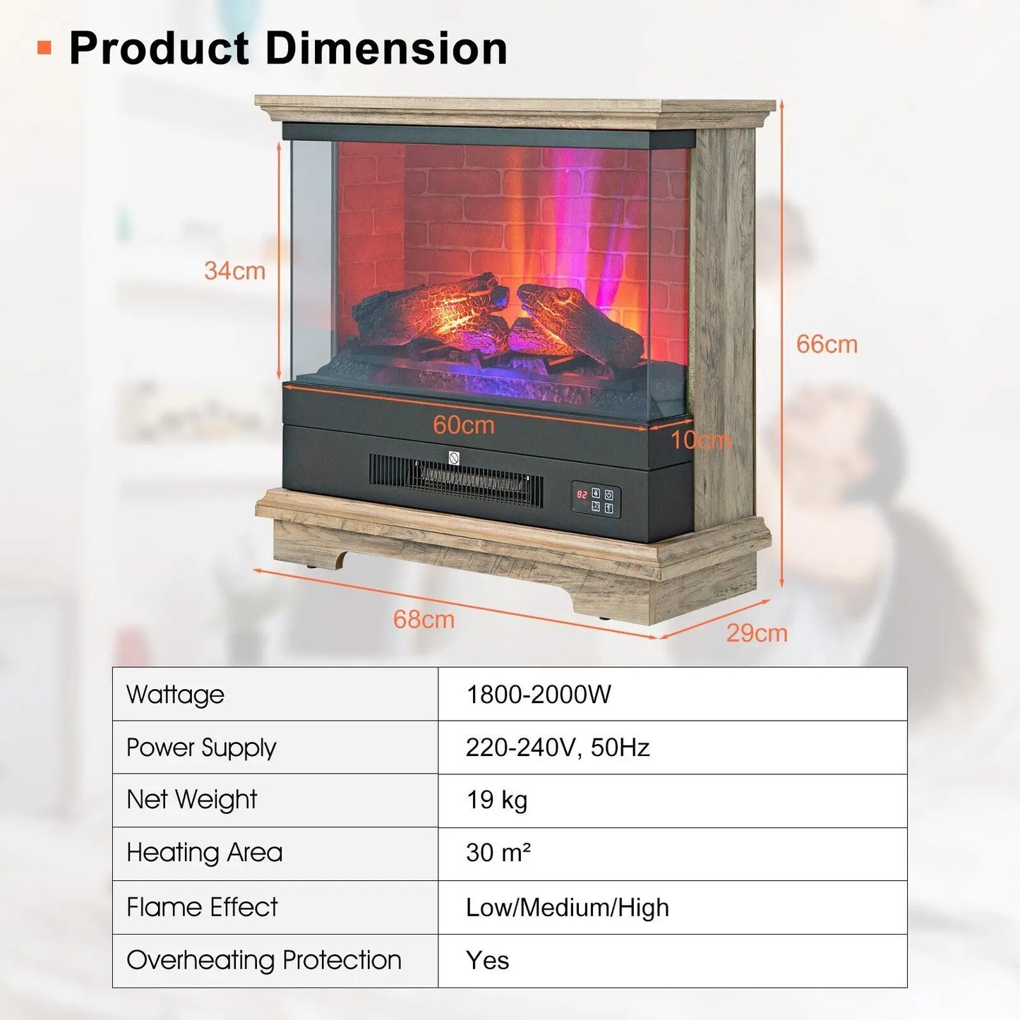 GOFLAME 68cm Electric 2000W Fireplace 3-Sided Fireplace Heater with 3-Level Flame