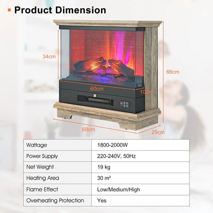 GOFLAME 68cm Electric 2000W Fireplace 3-Sided Fireplace Heater with 3-Level Flame