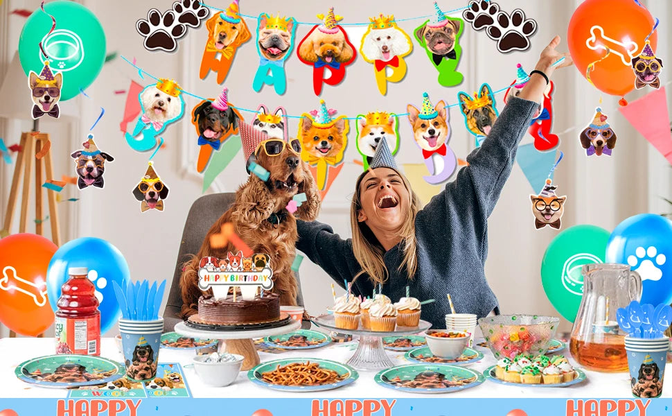 Puppy Birthday Party Supplies for Kids,159pcs Birthday Party Supplies&Tableware Set Dog Party Plates Cups Napkins Banner Balloon