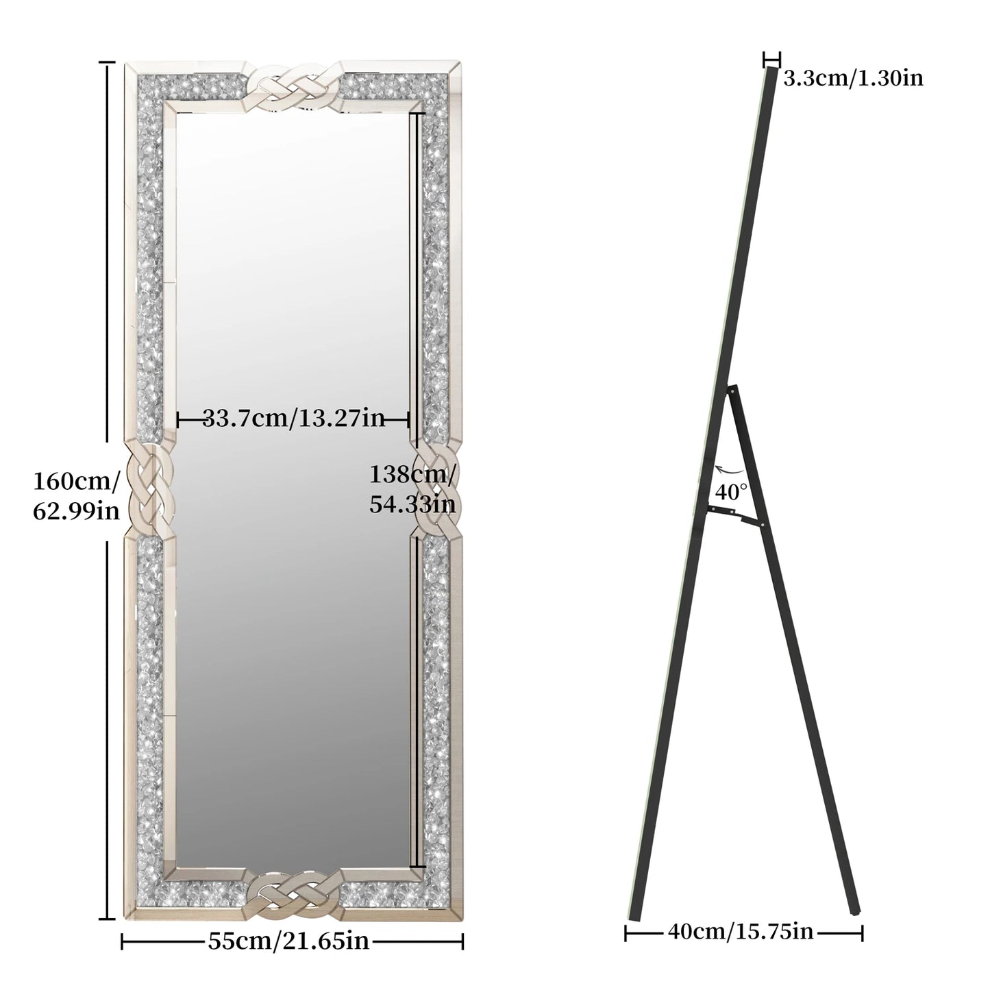 160cm Tall Crushed Diamond Full Length Mirror Silver Glass Full Body Length Mirror Standing/ Wall Bedroom Dressing Mirror