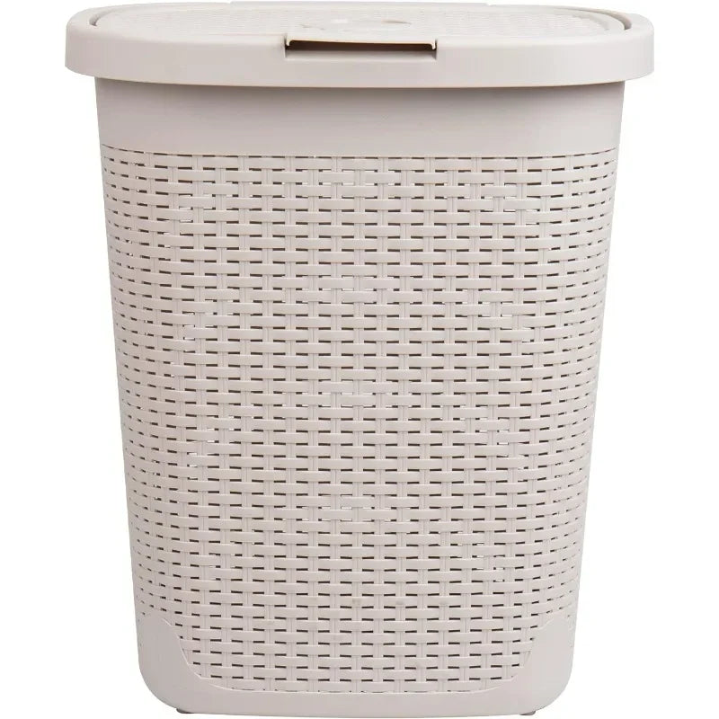 50L Slim Laundry Hamper, Clothes Basket, Lid, Wicker Design, Plastic, 17.65"L x 13.75"W x 21"H